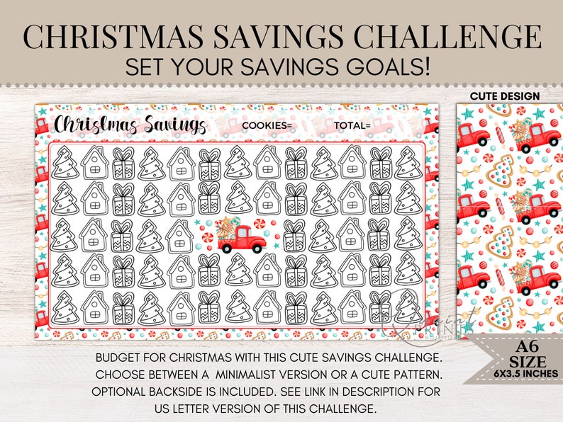 K&ouml;nnte beinhalten: Druckbarer Weihnachts-Spar-Challenge mit einem niedlichen Design mit einem roten Lastwagen, Lebkuchenh&auml;usern und Weihnachtsb&auml;umen. Der Druck ist 6x3,5 Zoll gro&szlig; und in zwei Versionen erh&auml;ltlich: minimalistisch oder niedliches Muster.