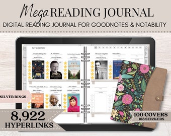 May include: A digital reading journal for Goodnotes and Notability, featuring a tablet screen displaying a library of books with ratings and a floral patterned cover. The journal includes 100 covers and 188 stickers. It has 8,922 hyperlinks and silver rings.