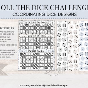 May include: Printable Roll the Dice Challenge game with three coordinating dice designs. The game includes three black and white grids with dice patterns and three coordinating dice patterns in gray, beige, and blue.