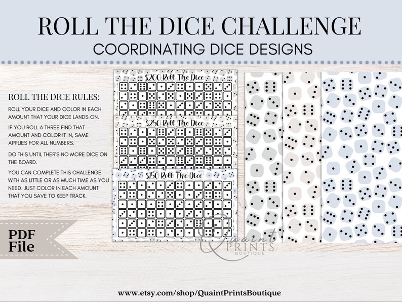 May include: Printable Roll the Dice Challenge game with three coordinating dice designs. The game includes three black and white grids with dice patterns and three coordinating dice patterns in gray, beige, and blue.