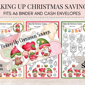 May include: Printable Christmas savings tracker with gnomes and gingerbread cookies. The tracker is designed to fit A6 binders and cash envelopes. It includes a bonus envelope.