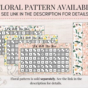 May include: Three printable game boards with a floral pattern border. The boards are for a "Roll the Dice" game with amounts of $250, $200, and $150. The floral pattern is sold separately.