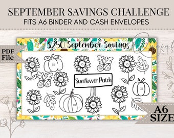 Può includere: Foglio A6 stampabile in bianco e nero con tema girasole. Include il titolo "250 € di risparmi di settembre" e un cartello che dice "Campo di girasoli". Il foglio presenta varie immagini di girasoli, zucche e foglie con numeri su di esse.