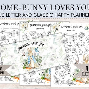 May include: A printable planner page with a watercolor background featuring a bunny rabbit and flowers. The page is titled "Some-bunny Loves You" and includes a list of items with prices. The page is designed for use with a classic happy planner.
