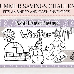 Può includere: Una pagina da colorare stampabile con un tema invernale. La pagina presenta un pupazzo di neve, un igloo, un albero di Natale e il testo "250 € Risparmi invernali". La pagina è progettata per adattarsi a un raccoglitore A6 e a buste per contanti.