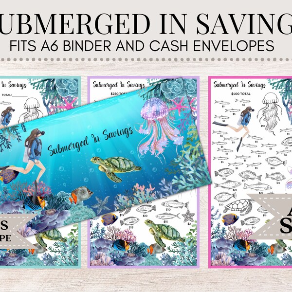 Submerged In Savings | Spar-Challenge | Spar-Tracker | Ersparnisse Printable | Geldumschlag | Haushaltsbuch | A6 Spar Challenge B47