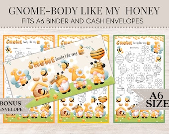 May include: A printable set of three A6-sized sheets featuring a gnome and bee theme. The sheets include a budget tracker, a cash envelope tracker, and a coloring page. The sheets are decorated with gnomes, bees, honeycombs, and flowers.