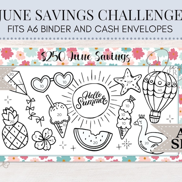 June Savings | Summer | A6 Savings Challenge | Mini Savings Tracker | 013 | Savings Tracker | Cash Binder & Envelope | Printable Savings