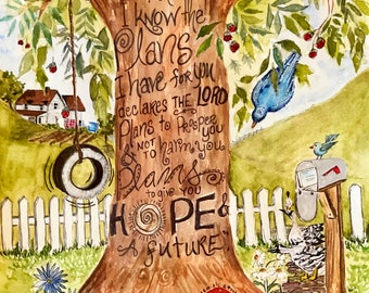 Jeremiah 29:11, Scripture art, Christian art, wall hangings, religious paintings, watercolor art, paintings