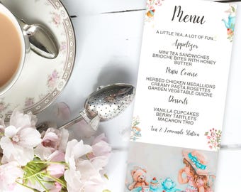 Tea Party Menu Cards, Birthday Table Menu Girl, Pastel Floral  Decor, Editable Canva Template