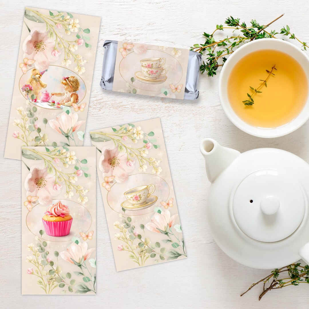 Tea Cake Rapper Tea Party Mini Chocolate Wrapper Template, Editable Canva, Floral Party ...