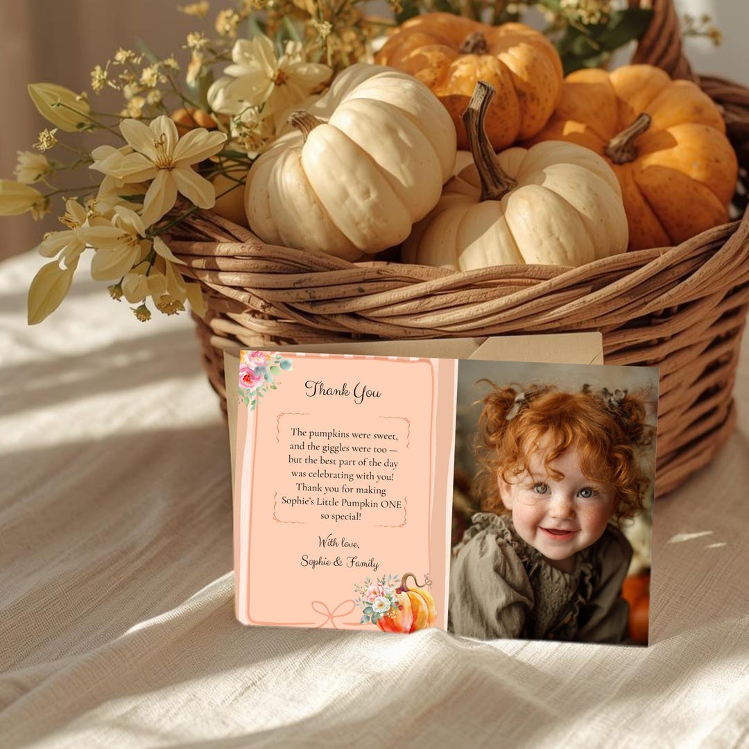 Pumpkin Birthday Thank You Card: Editable Fall Floral Photo Template ...