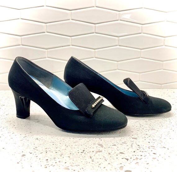 50’s black fabric heels with rhinestone detail - image 2