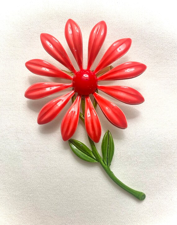 1960’s mod bright orange flower brooch pin - image 2