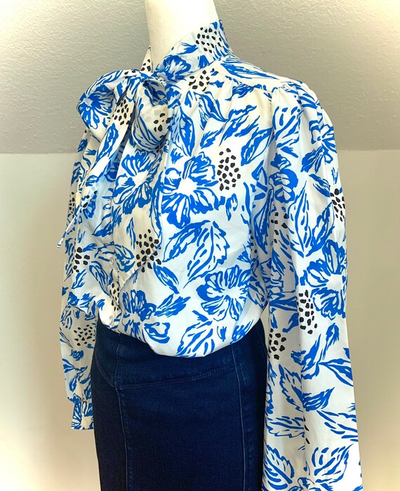 Blue floral blouse with pussy bow - image 1