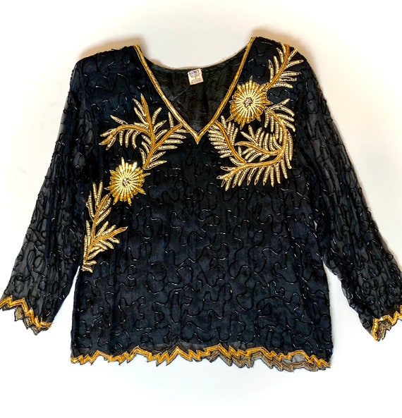 80’s black beaded top gold accents - image 2