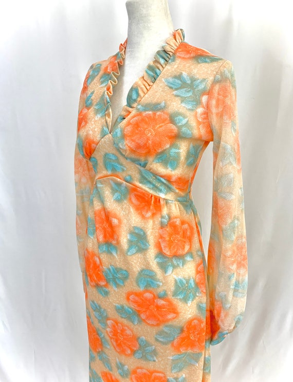 1970’s ruffled neck maxi dress in creamsicle orang