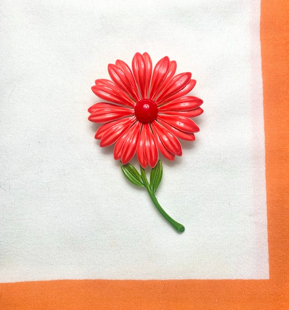 1960’s mod bright orange flower brooch pin - image 4