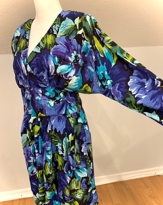1980’s stunning blue, green and black floral dress