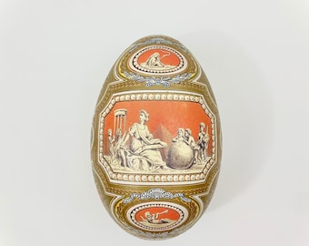 Vintage Fabergé tin litho egg by VinCenzo. Imperial Cameo red quilted interior