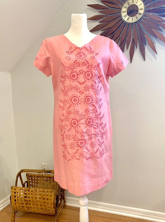 1960’s handmade pink linen shift dress with gorgeo