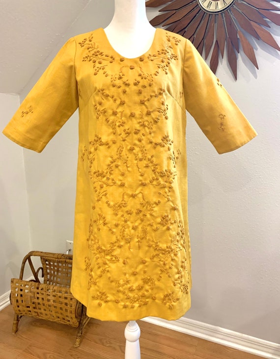 1960’s yellow shift dress handmade embroidered - image 1