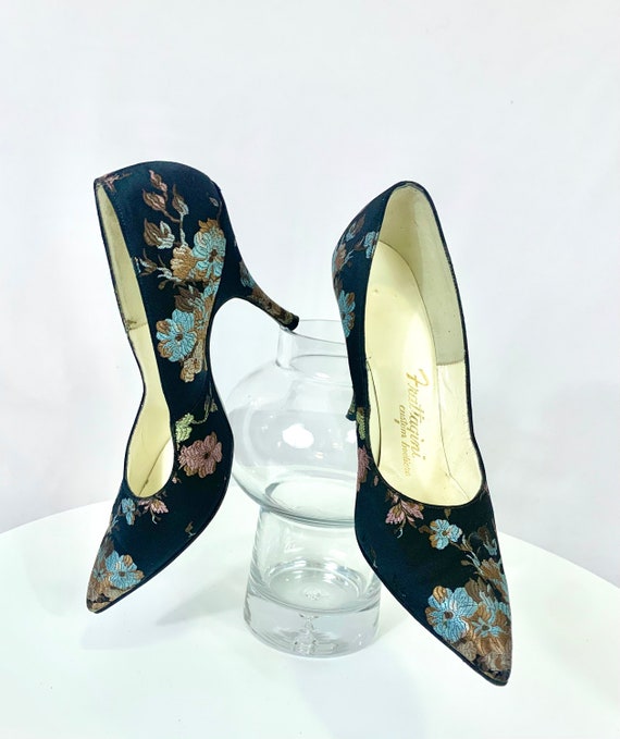 Flawless stiletto heels black satin brocade blue, 