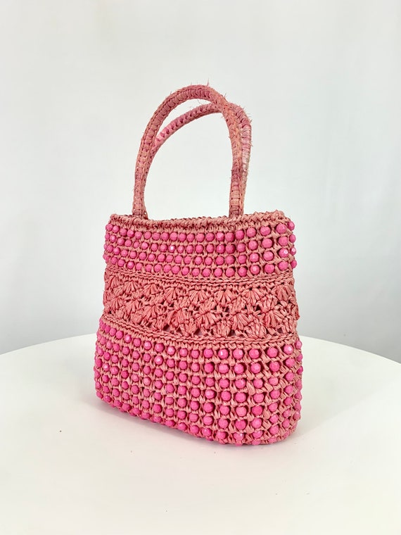 Vintage lovely pink beaded raffia handbag purse