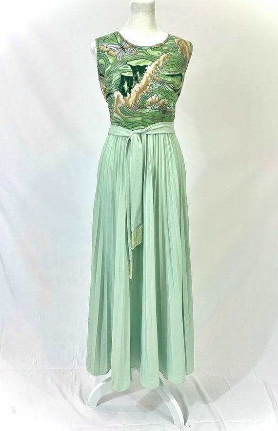 Handmade 70’s maxi dress in sea foam green pleats… - image 2