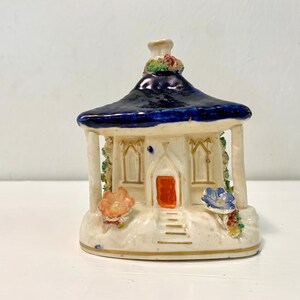 Antique ceramic Staffordshire cottage pastille burner with cobalt roof and floral accents