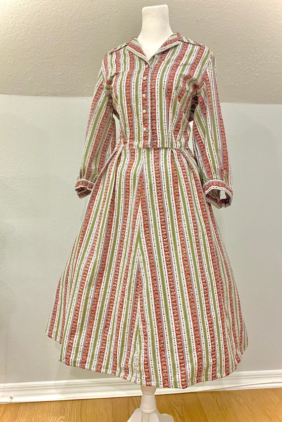 Handmade 1950’s day dress muted red and olive green s… Gem