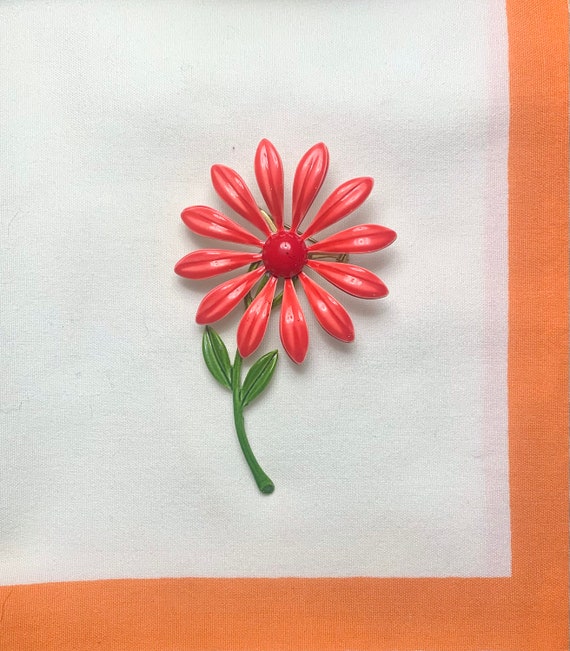1960’s mod bright orange flower brooch pin - image 3