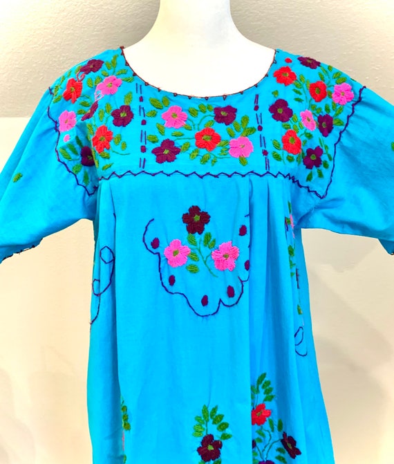 Turquoise caftan/maxi/huipil handmade embroidered