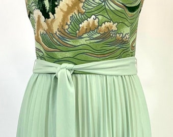 Handmade 70’s maxi dress in sea foam green pleats and novelty Japanese wave with butterfly print