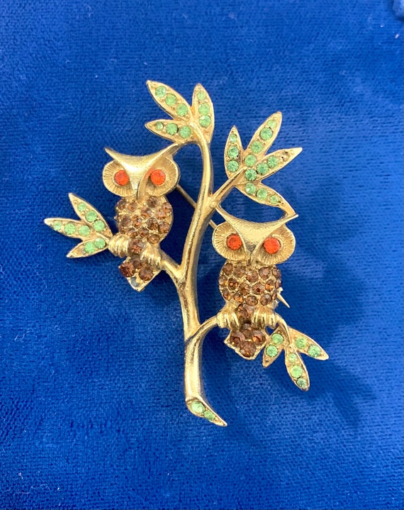 Bejeweled twin owls pin