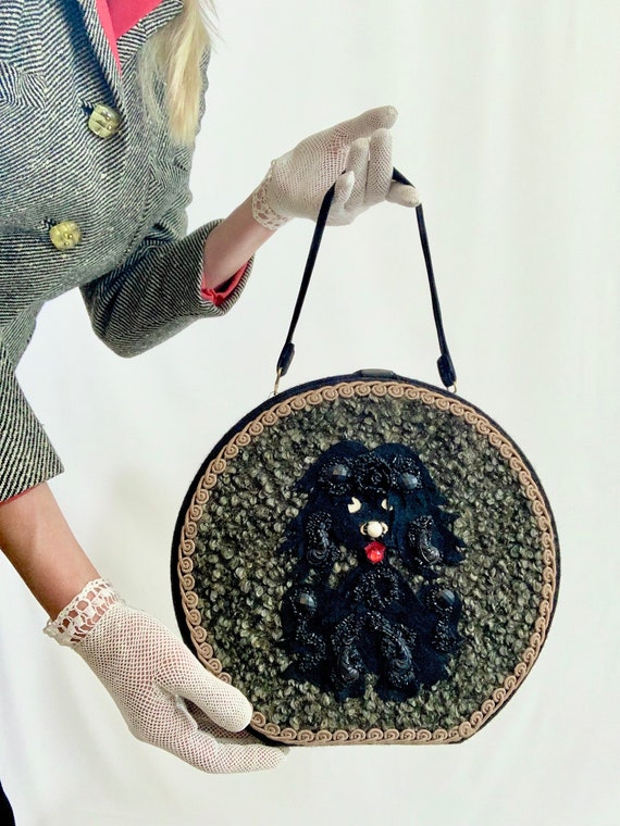 1950’s black poodle pillbox purse in wool, felt an
