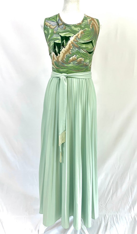 Handmade 70’s maxi dress in sea foam green pleats… - image 4