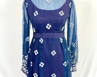 1960s Floral Flocked Organza Maxi Dress: Navy Blue Empire Waist