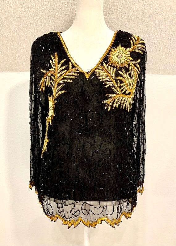 80’s black beaded top gold accents - image 1