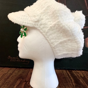 Handmade white crochet acrylic newsboy cap