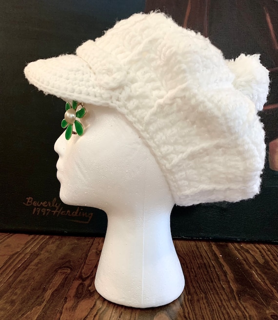 Handmade white crochet acrylic newsboy cap
