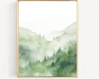 Printable Forest Landscape, Green Abstract Landscape Painting, Misty Forest Print,  Neutral Wall Art, Minimalist Wall art, Digital Download