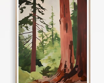 Impresión del Parque Nacional Redwood, Pintura del Bosque de Redwood, Árboles de California, Póster de Viaje, Impresión de Naturaleza, Descarga Instantánea