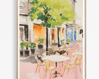 Franskt caféteckning, kaféskiss, caféakvarellmålning, Paris väggkonst, utskrivbar väggkonst, europeiskt café, direktnedladdning