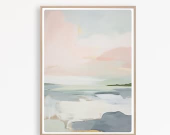 Abstract Ocean Art, Coastal Wall Art, Beach House Decor, Pastel Seascape, Watercolor painting, Instant Download
