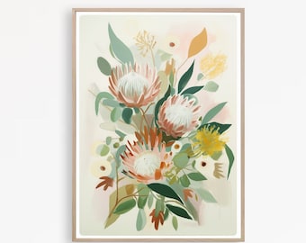 Australian Protea Print, Native Flowers painting,  Abstract Floral Wall Art, botanical Art Print, Neutral floral, Instant download