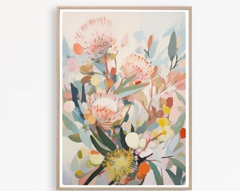 Australian Protea Painting, Native Flowers Print,  Abstract Floral Wall Art, botanical Art Print, Pastel floral, Instant download