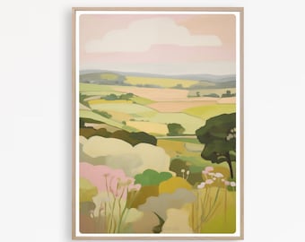 Printable Abstract Landscape, Green Landscape Acrylic Painting,  Green and Pink Wall Art, Modern Landscape Print,   Instant Download