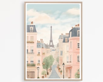 Parisillustration, konsttryck i Paris, fransk reseväggkonst, Eiffeltornets tryck, rosa lägenhet, rosa Paris, direktnedladdning