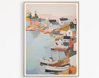 New England Harbor Print, Boats in Harbor, New England Coastal Art, Fishing village Print, Instant Download